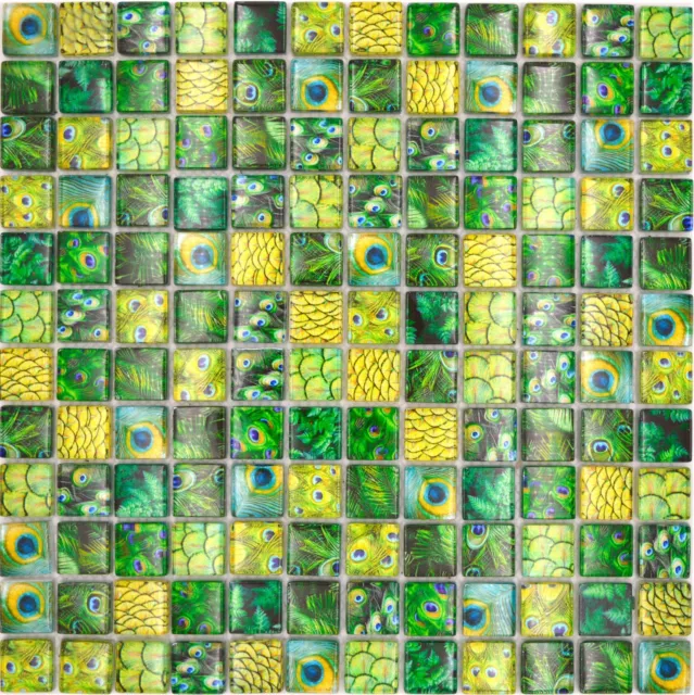 Glasmosaik Mosaikfliese grün glänzend Pfau Wand Küche Bad 68-WL84_f | 10 Matten