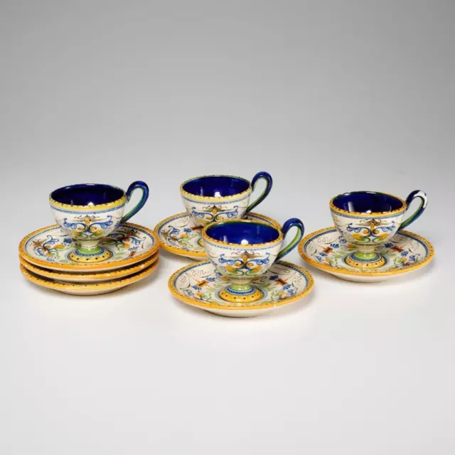 Faenza Italy Majolica Pottery Blue Yellow Set of 4 Demitasse Cups and 6 Saucers