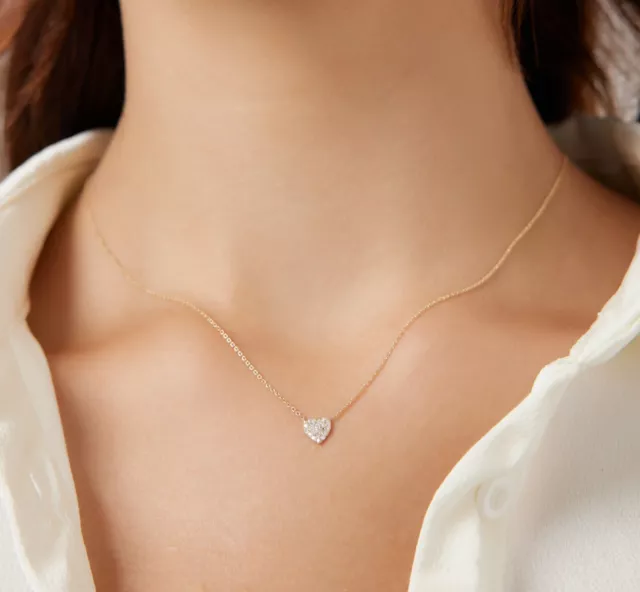 14K Solid Yellow Gold Minimalist Diamond Heart Necklace