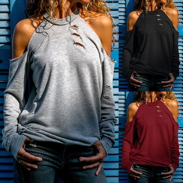 Women Cold Shoulder Long Sleeve T-Shirt Tops Ladies Casual Loose Blouse Pullover