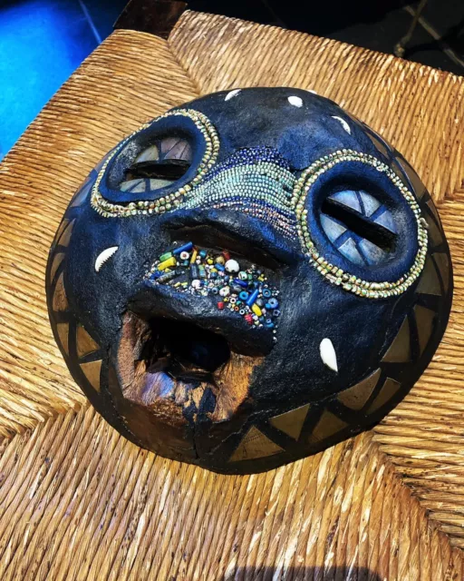 Antique African Tribal Moon Mask Inlaid With Copper, Shells and Beads