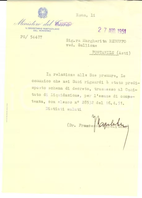 1951 MINISTERO DEL TESORO Lettera dr. Francesco NAPOLITANO *Autografo