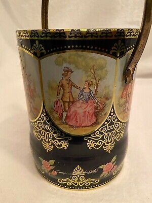 Antique Tin Can W/ Handle England Victorian Couple Scenes Pink Roses Very Old! 3