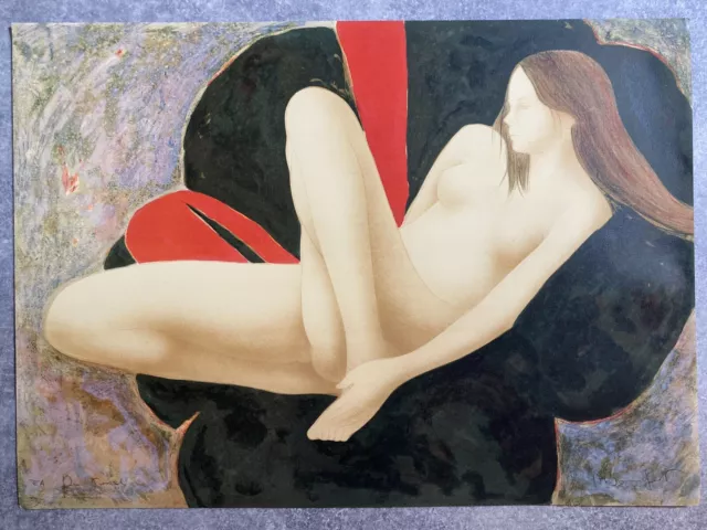 Grande Lithographie Signée D’alain Bonnefoit. Jeune Femme Nue Assise Sur Un Pouf