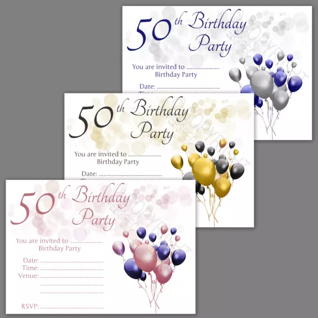 1-100 PACK 50th BIRTHDAY PARTY INVITATIONS Rose Gold Black Blue Silver Invites