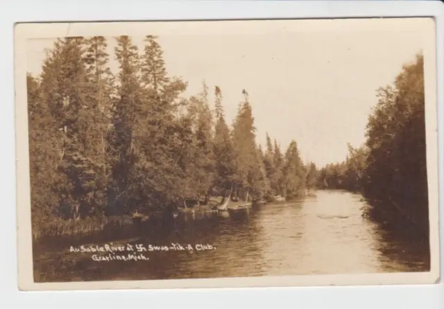 Postcard MI Grayling Michigan AuSable River At Swas-Tik-A Club RPPC C.1935 G9