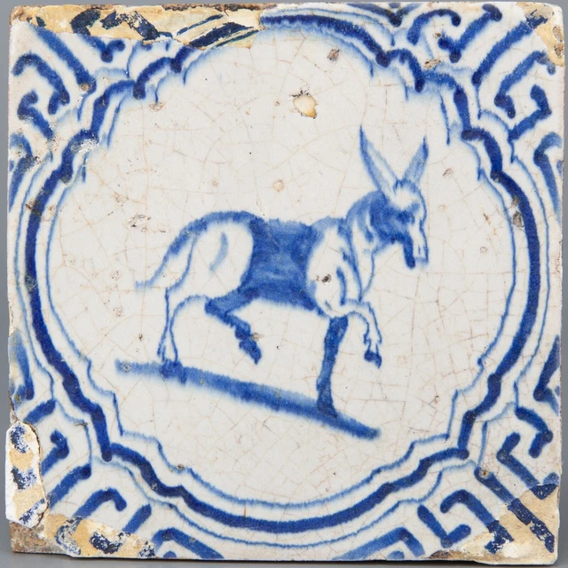 Nice Dutch Delft Blue animal tile, donkey, first half 17th. century.