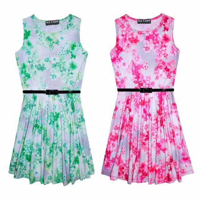 Girls Skater Dress Kids Mini Floral Print Summer Party Dresses Age 7-13 Years