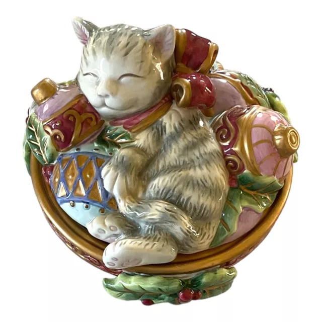 Fitz Floyd Kristmas Kitty Lidded Box Covered Candy Dish Sleeping Cat Christmas 2