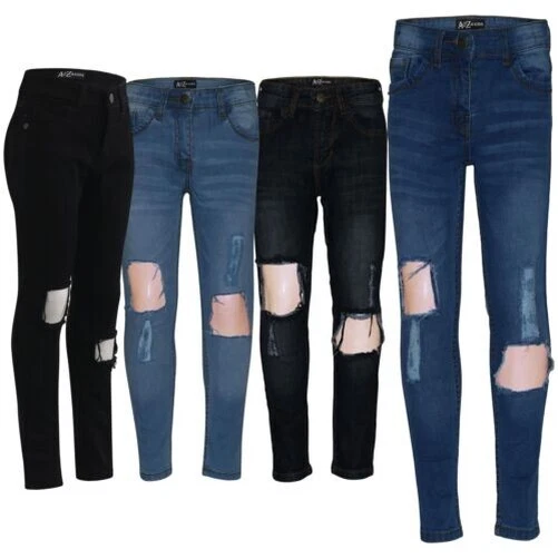 Bambine Skinny Strappato Jeans Denim Elasticizzato Moda Pants Jeggings 5-13 Anni