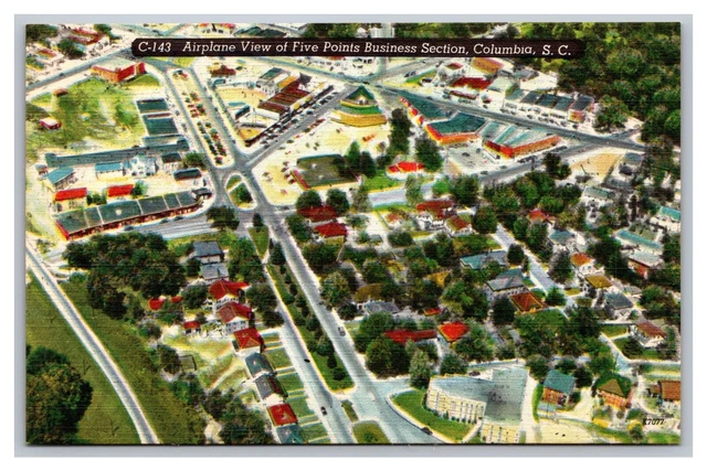 Columbia SC Airplane View Five Points Business Section C-143 Linen Postcard