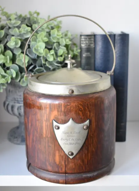 Vintage Wooden Biscuit Barrel / Ice Bucket with Ceramic Inlay 1940's (N)