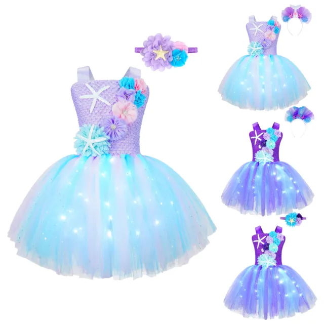 Kids Girls Shiny Mermaid Tutu Dress Lights Adorned Princess Dress with Headband