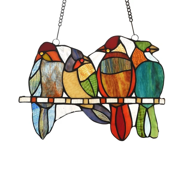13" x 9" Tiffany Style Sitting Cardinal Birds Stained Glass Window Panel
