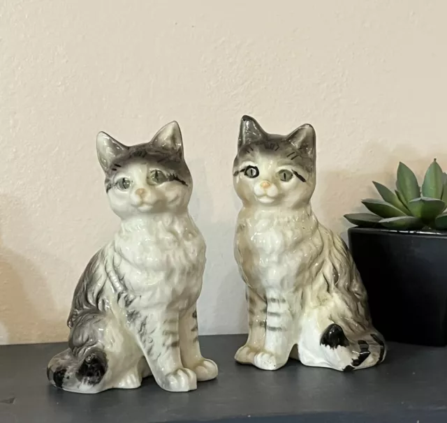 Vintage Japan Ceramic Grey Cat Figurines 3.5"