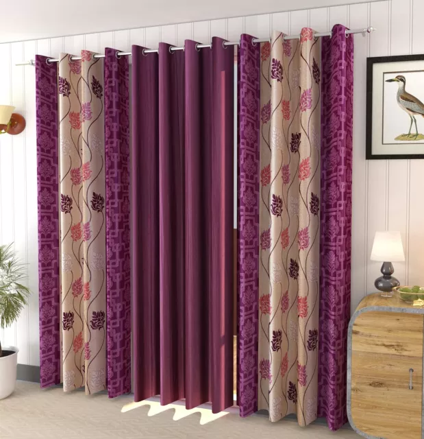 3 Piezas Violeta Hoja Estampado Ojal Anillas Puerta Ventana Cortinas De 5 7 2.7m