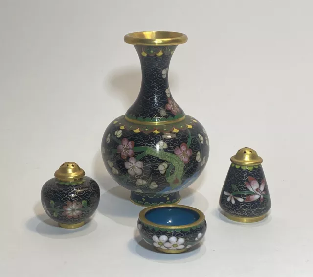 Vintage Set Black Floral Chinese Cloisonne Vase, Salt & Pepper Shaker Cellar