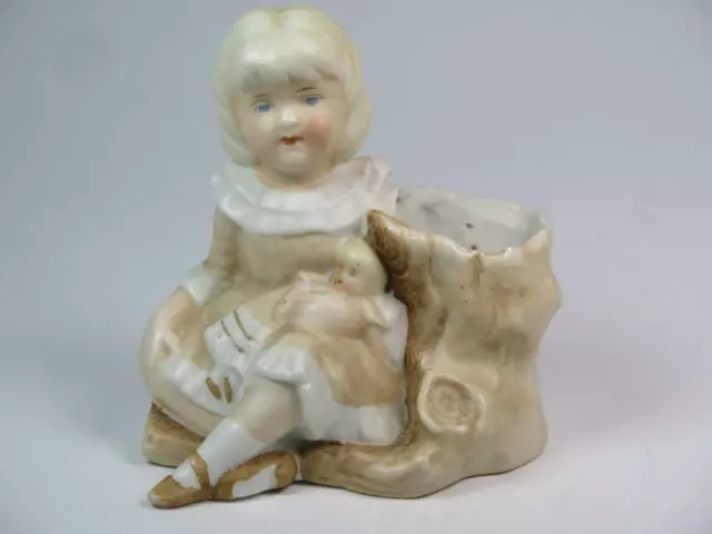 ANTIQUE BISQUE SPILL VASE Young Girl with Doll and Tree Stump