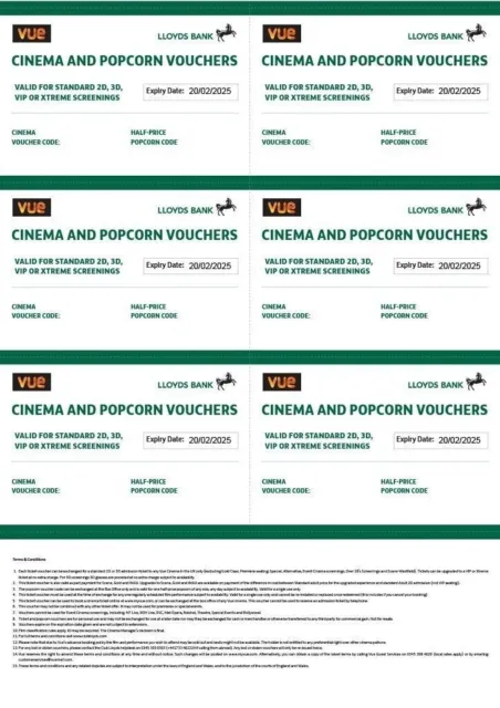 6 x Vue Cinema and Popcorn Vouchers - Expires  16/02/25