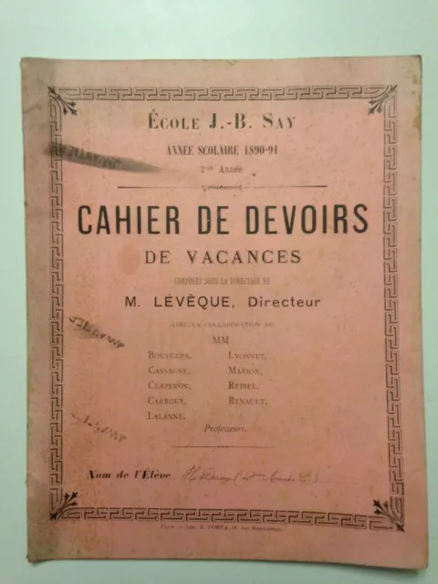 Cahier De Devoirs De Vacances Ecole J.b Say Paris Annee Scolaire 1890-1891