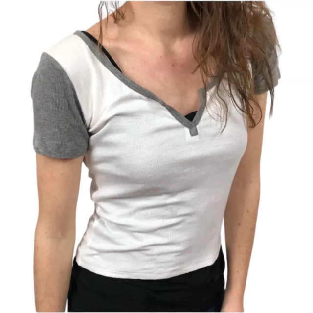 NWT BP Nordstrom Gray White Ribbed Short Sleeve V-Neck Tee Shirt Top Women Small