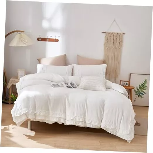 Lace Ruffle Duvet Cover 3 Pieces Bedding,White Duvet Cover Queen Solid White