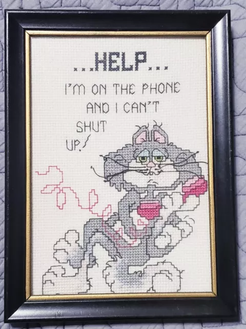 Vintage Counted Cross Stitch Cute Saying HELP IM ON THE PHONE Completed
