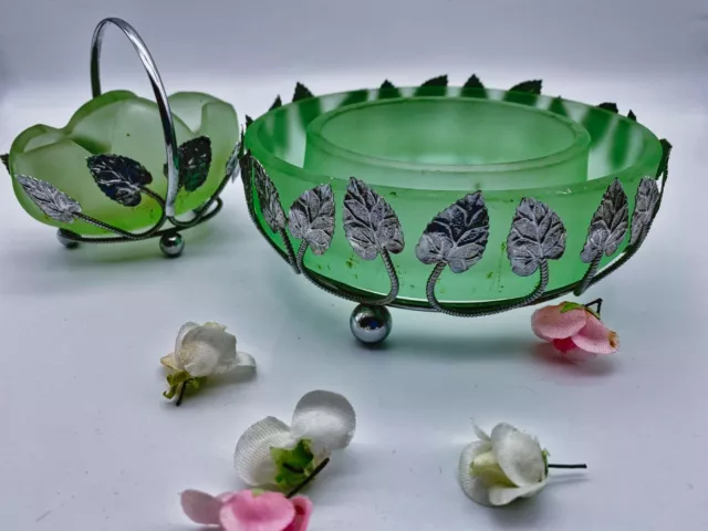 Bagley Art Deco Green Frosted Glass Basket & Posy Vase In Silver Metal Case