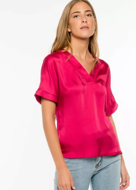 Camicia donna manica corta maglia blusa top elegante camicetta estiva raso XS S