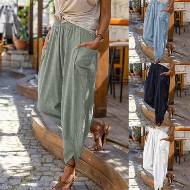 Summer Womens Cotton Linen Trousers Ladies Loose Casual Harem Pants Plus Size