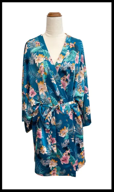 NWT BRAS N THINGS Teal Floral Satin Dressing Gown Bath Robe Kimono Wrap Sz L 14