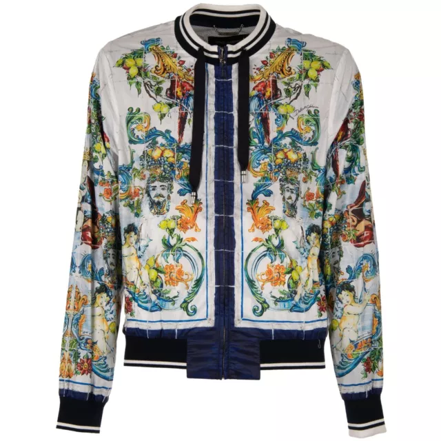 DOLCE & GABBANA Majolica Baroque Printed Bomber Jacket Pockets Blue White 11235