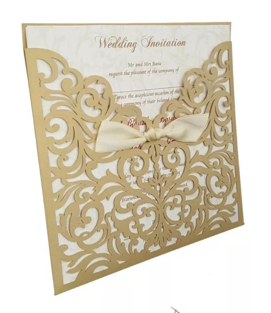 Handmade PERSONALISED Wedding Day Card Antique Gold Ribbon Laser Cut Invitation