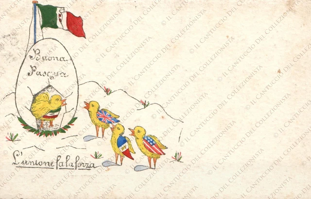 1918 Buona Pasqua L’unione fa la Forza pulcini Bandiere Cartolina augurale