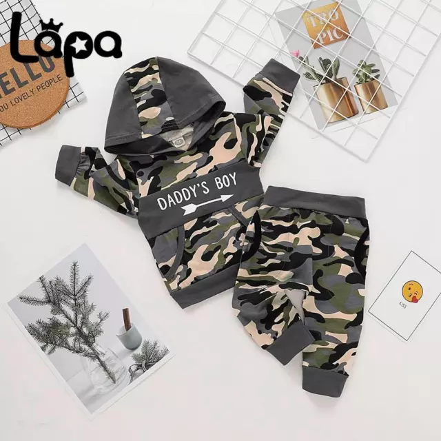 Newborn Baby Boys Hooded Tracksuit Long Sleeve Tops Pants Outfits Camo Clothes