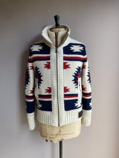 Superdry Cardigan White Mens Medium Aztec Zip Sherpa Fleece Wool Knit Chunky