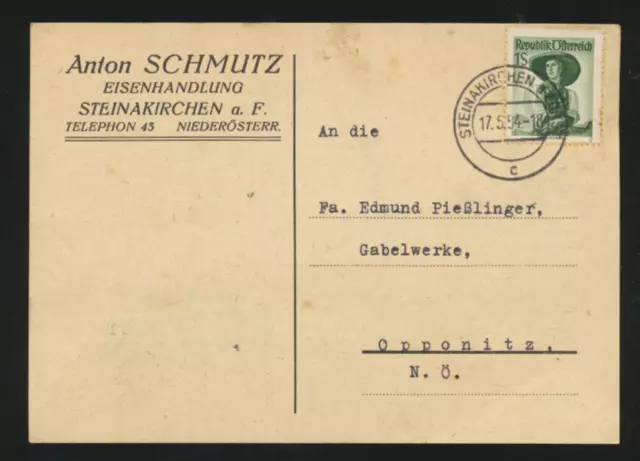 Geschäfts-Postkarte 1954 aus Steinakirchen am Forst, Eisenhandlung Schmutz
