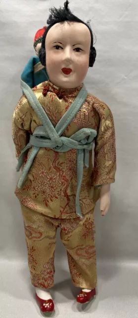 🪆 VTG Asian Japanese Chinese Composition Porcelain Doll Mother Carrying Child