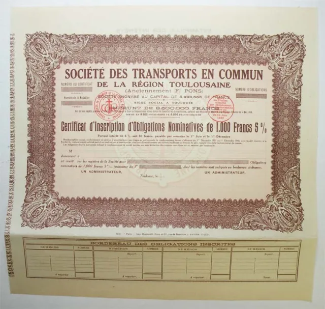 certificat d actions: Sté des transports en commun region Toulousaine ( 765 )