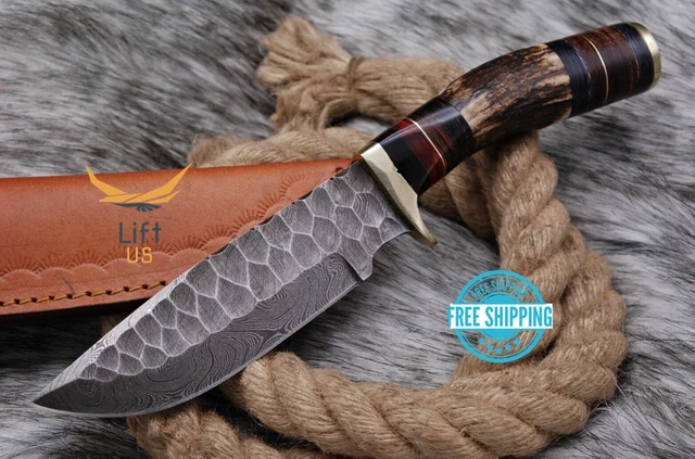 10'inch Custom HAND FORGED DAMASCUS STEEL HUNTING KNIFE STAG Antler HANDLE
