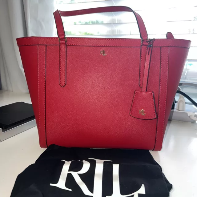 Lauren Ralph Lauren One Size Crosshatch Leather Tote • Red • Dust Bag