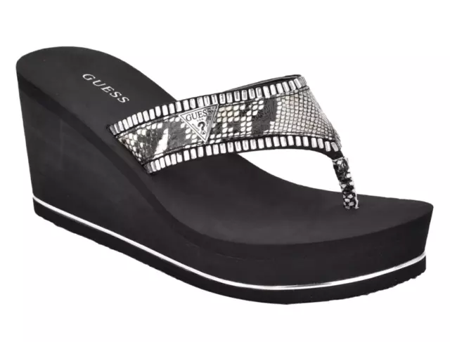 NEW WOMEN'S GUESS BLACK SNAKE WEDGE FLIP FLOPS SARRY RHINESTONES sizes 8, 9, 10