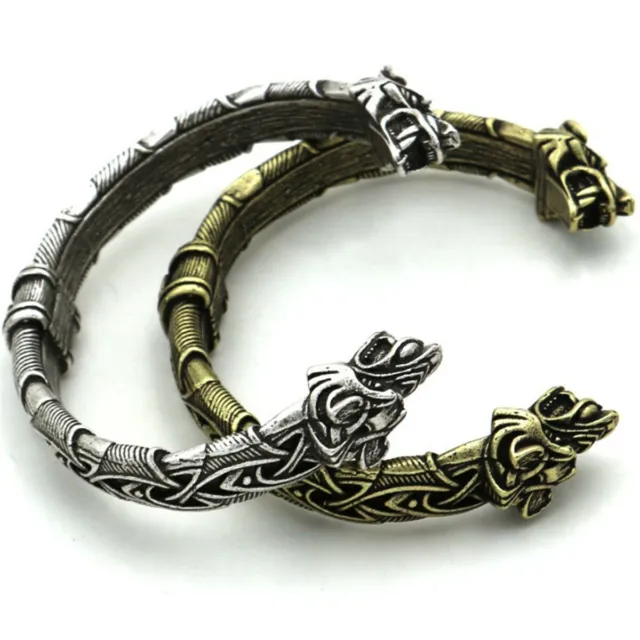 Men's Norse Viking Alloy Wolf Head Cuff Bracelet Bangle Amulet Jewelry Arm Ring