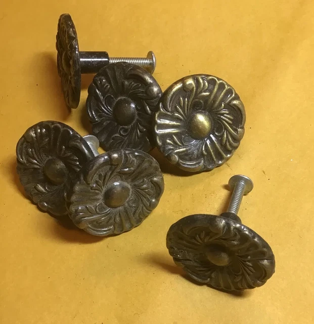6 VTG Ornate Small Solid Brass Cabinet Door Knobs Drawer Pulls Hardware