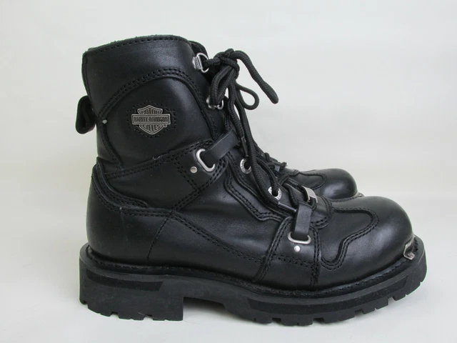 Women HARLEY-DAVIDSON Black Leather Zak SteelToe Boots Lace/Zipper Side Logo Shi