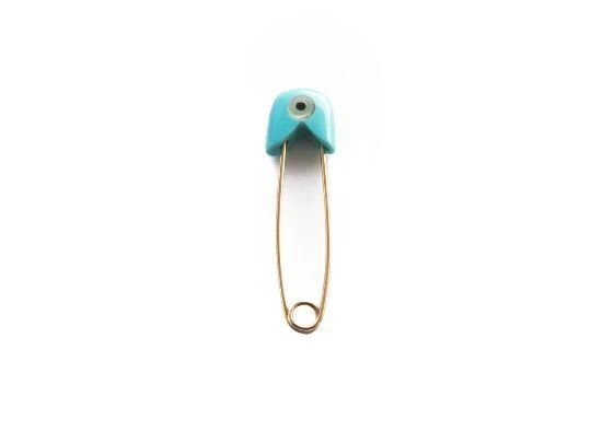 14K Yellow Gold Turqoise Evil Eye Brooch Baby Protection Safety Pin Gift 1.25 ''