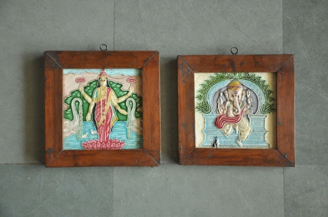 2 Pc Vintage Wooden Framed Goddess Laxmi & Lord Ganesha Picture Ceramic Tiles