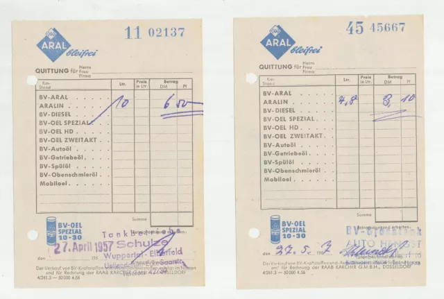 Aral Original 2 Tankstellenrechnungen Tankstelle Beleg Quittung 1957 Rechnung