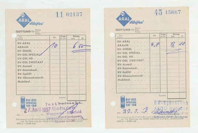 Aral Original 2 Tankstellenrechnungen Tankstelle Beleg Quittung 1957 Rechnung