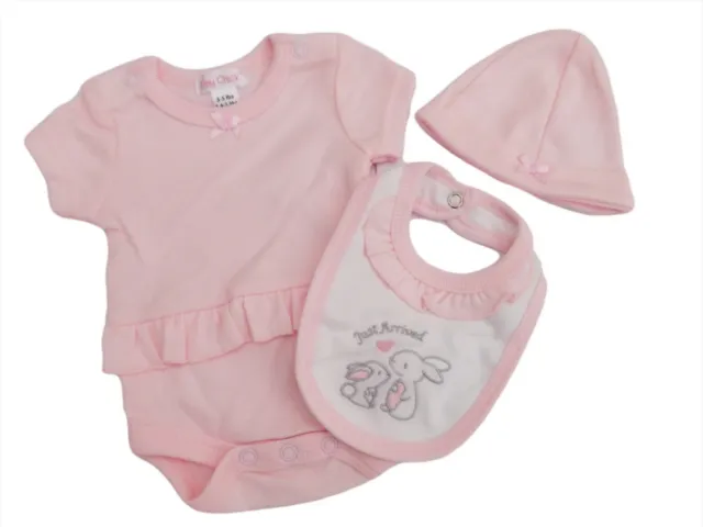 Nuovo con Etichetta Piccolo Prematuro Baby Ragazze Rosa Bunny 3 Pezzi Body Bib &